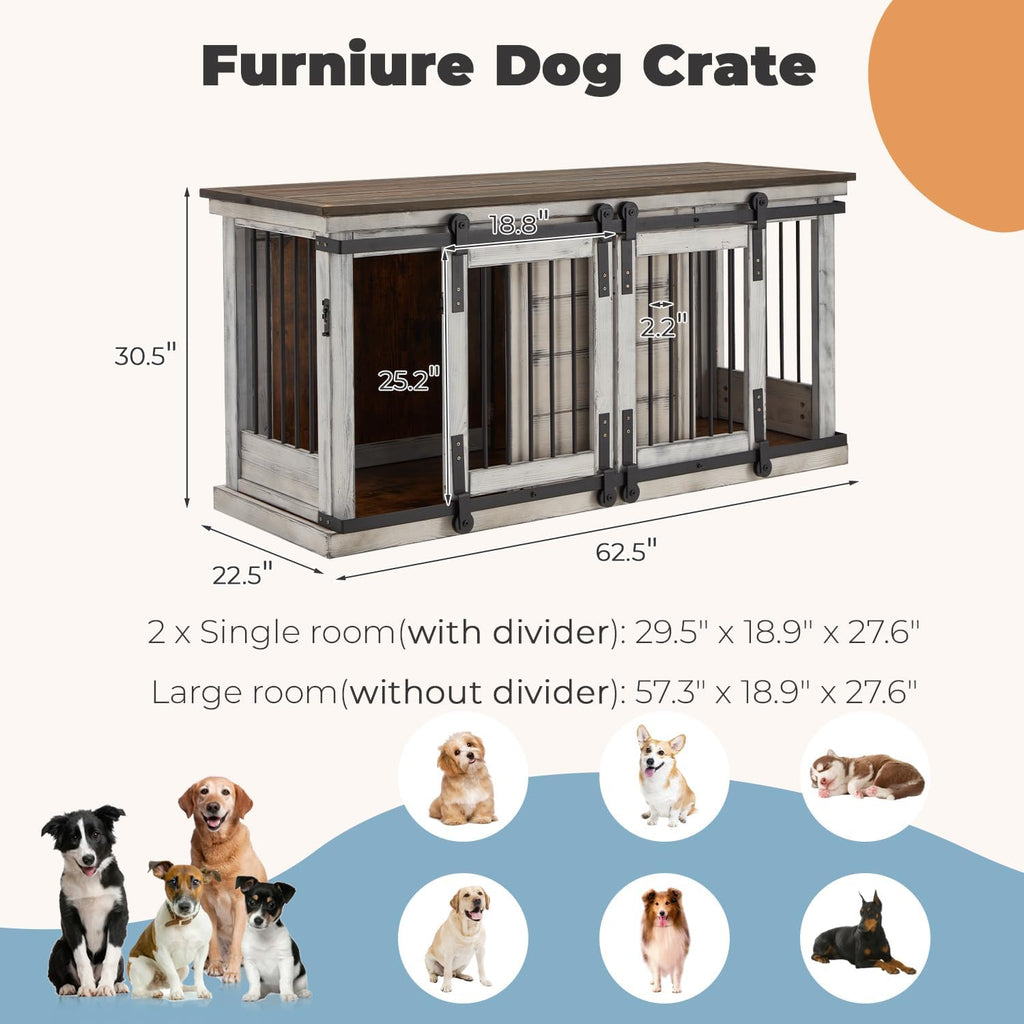 White 62.5'' Solid Wood Dog Crate with Removable Divider C680