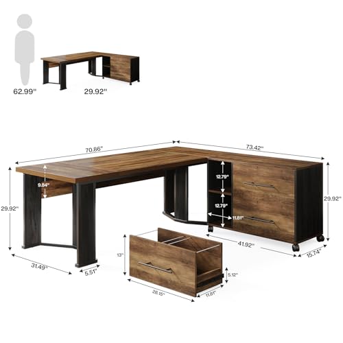 Brown and Black L Shaped Executive Desk with Mobile File Cabinet and 2 Drawers L418