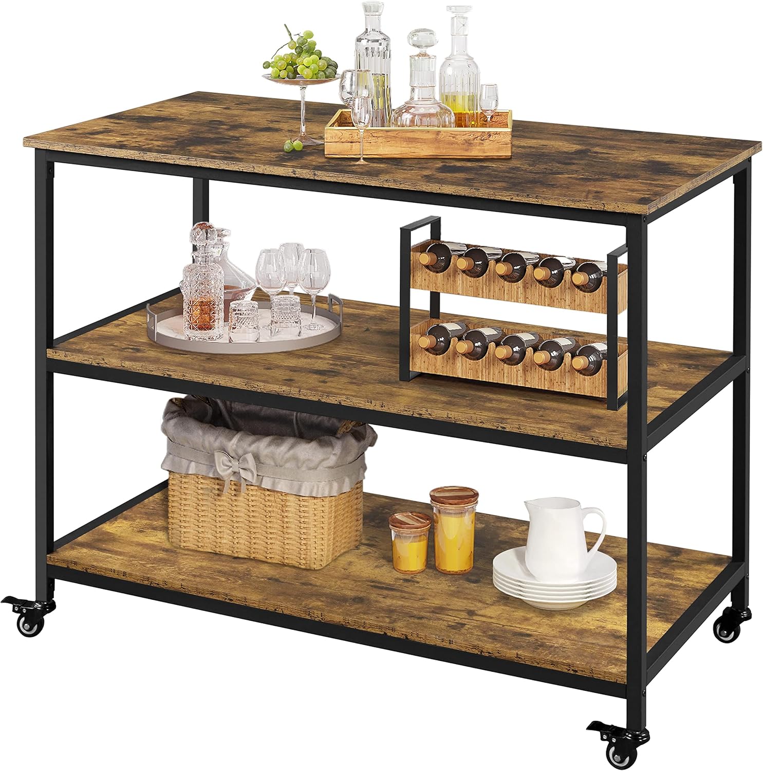 3-Tier Kitchen Island Rolling Cart with Shelves, Lockable Wheels, Rustic Brown Q526982