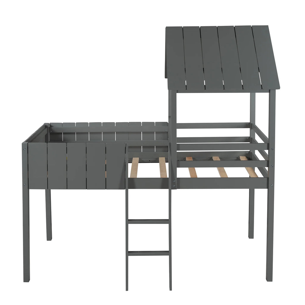 Gray Twin Size Wood Loft Bed with Roof Guardrail Ladder H1926
