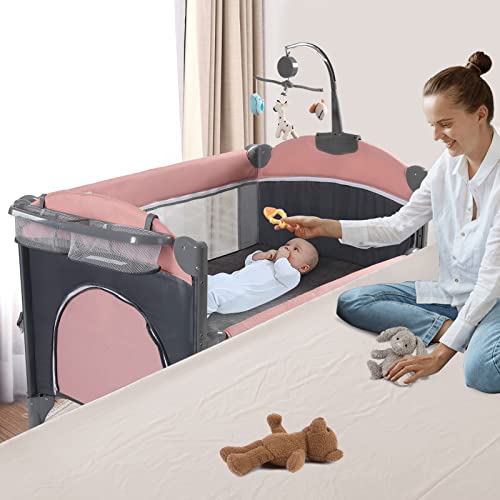5 in 1 Baby Crib with Bassinet and Changing Table, Portable Travel Baby Playpen (Grey) M47124