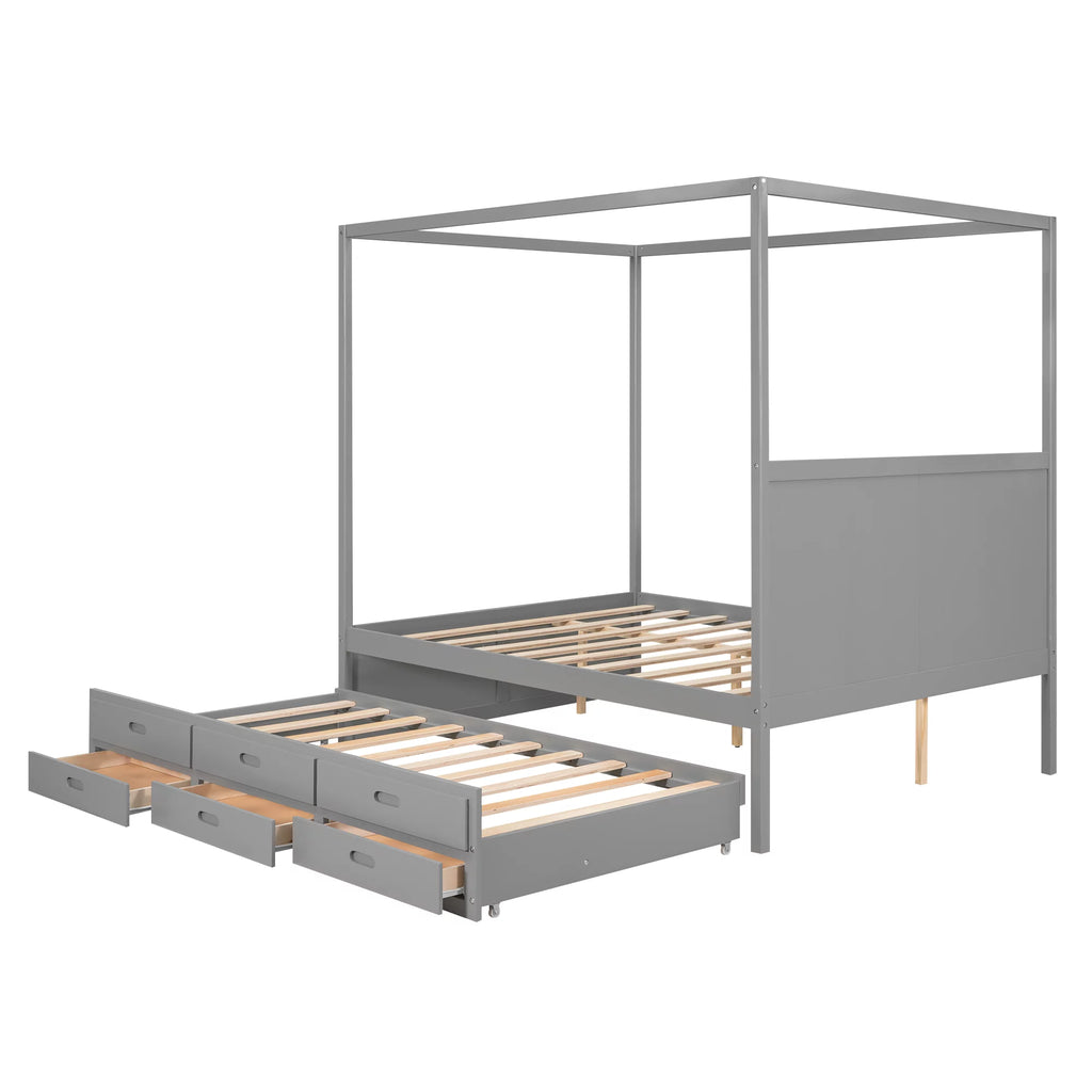 Gray Wooden Queen Platform Bed with Trundle and 3 Storage Drawers R124476