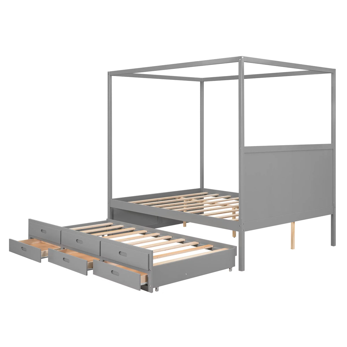 Gray Wooden Queen Platform Bed with Trundle and 3 Storage Drawers R124476