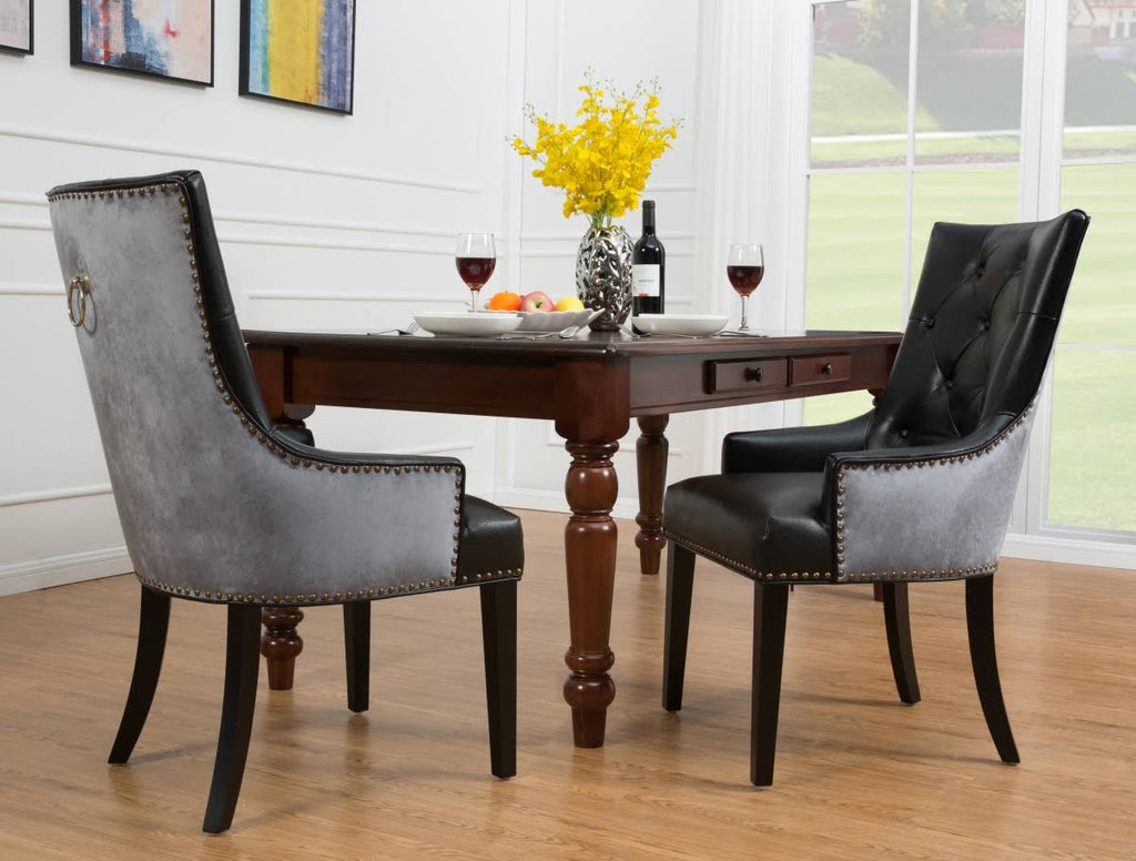 Dining Side Chair Button Tufted PU Leather Velvet Polished Brass Nailheads Espresso Wooden Legs P3309