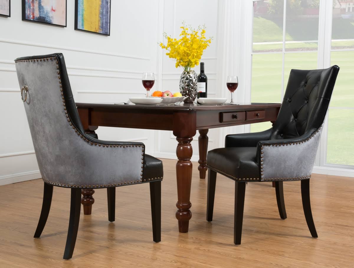 Dining Side Chair Button Tufted PU Leather Velvet Polished Brass Nailheads Espresso Wooden Legs P3309