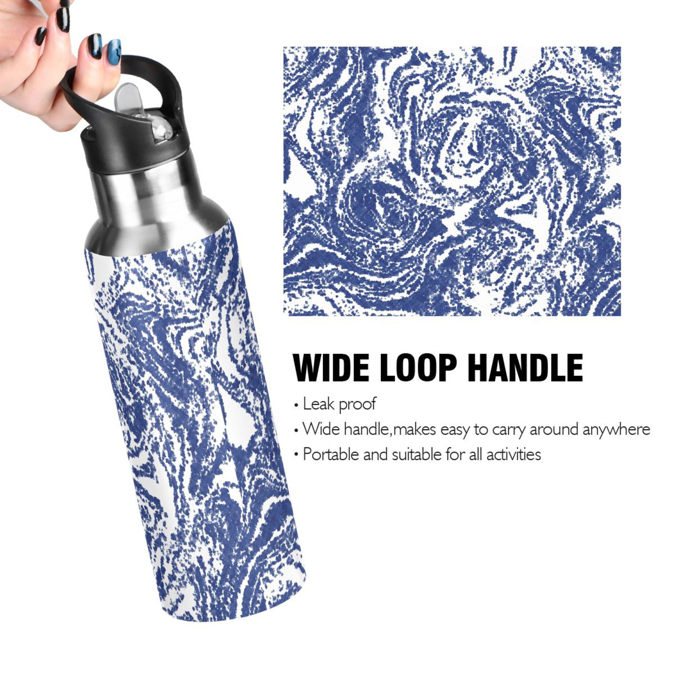 Geometric Tie Dye Blue 20 OZ Vacuum Insulated Stainless Steel Water Bottle with Straw Lid D81371