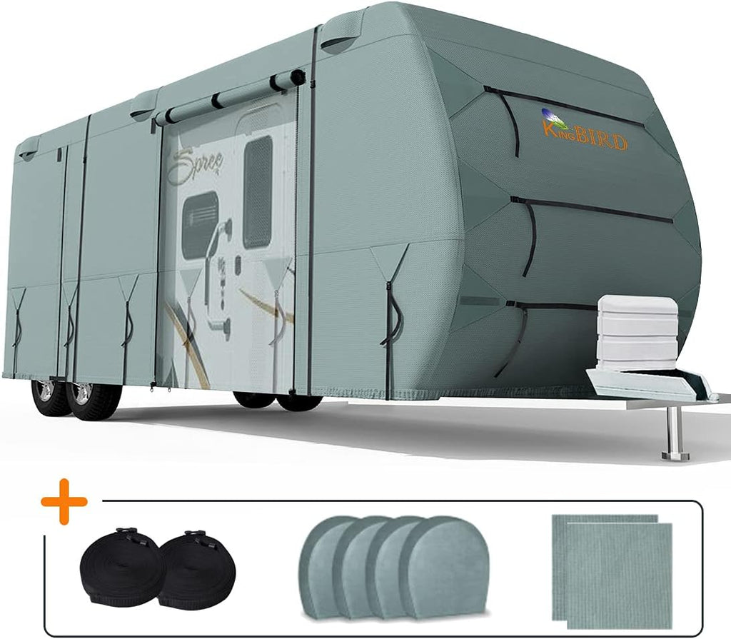 Extra-Thick 4 Layers Travel Trailer RV Cover with 2Pcs Extra Straps & 4 Tire Covers B2265