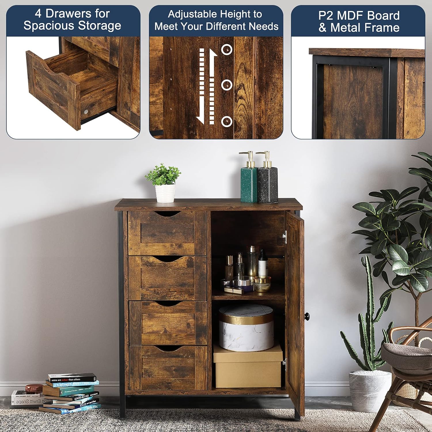Rustic Brown 4 Drawer 1 Door Wooden Metal Frame Bathroom Floor Cabinet Q57372