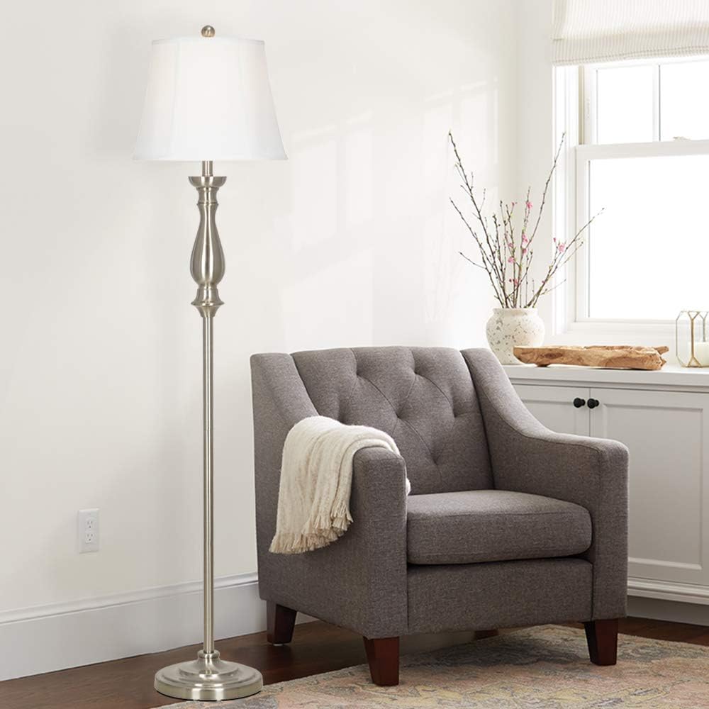 Brushed Steel Tall Floor Lamp with Linen Shade A751