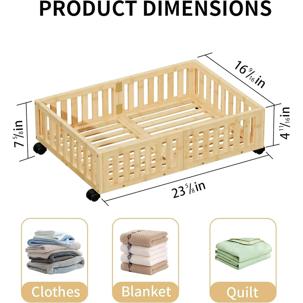 Bamboo Under Bed Storage with Wheels (2-Pack) Rolling Shoe Organizer Box O1899