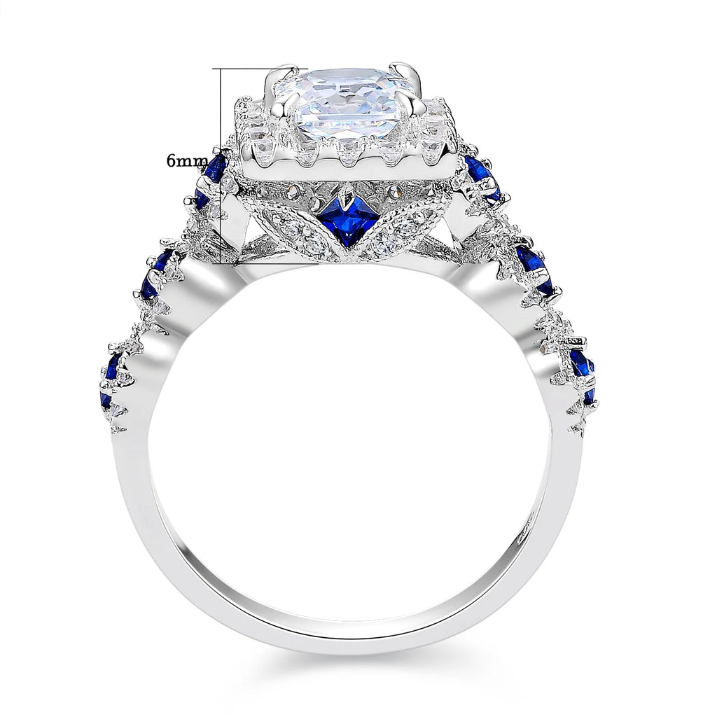925 Sterling Silver Princess White Cz Blue Engagement Ring Set 3pcs Size 4.5 F110