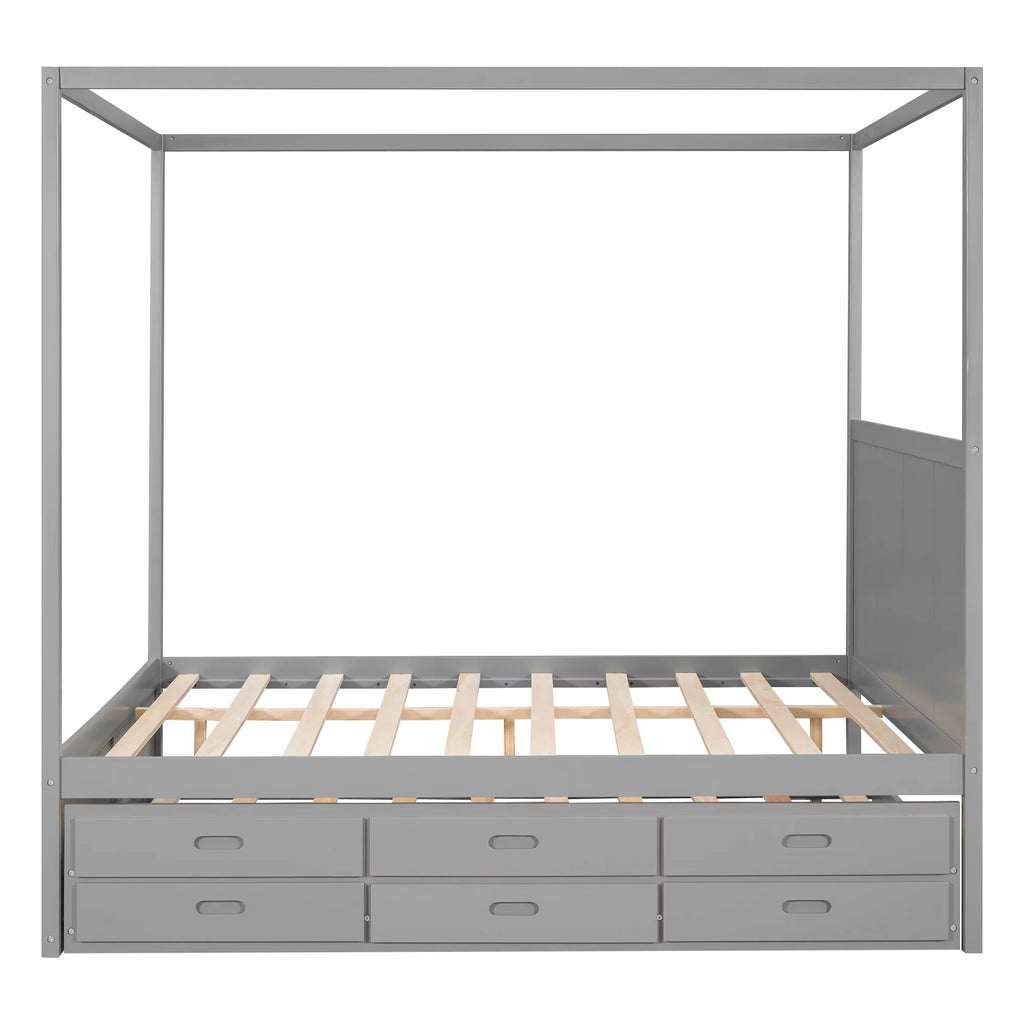 Gray Wooden Queen Platform Bed with Trundle and 3 Storage Drawers R124476