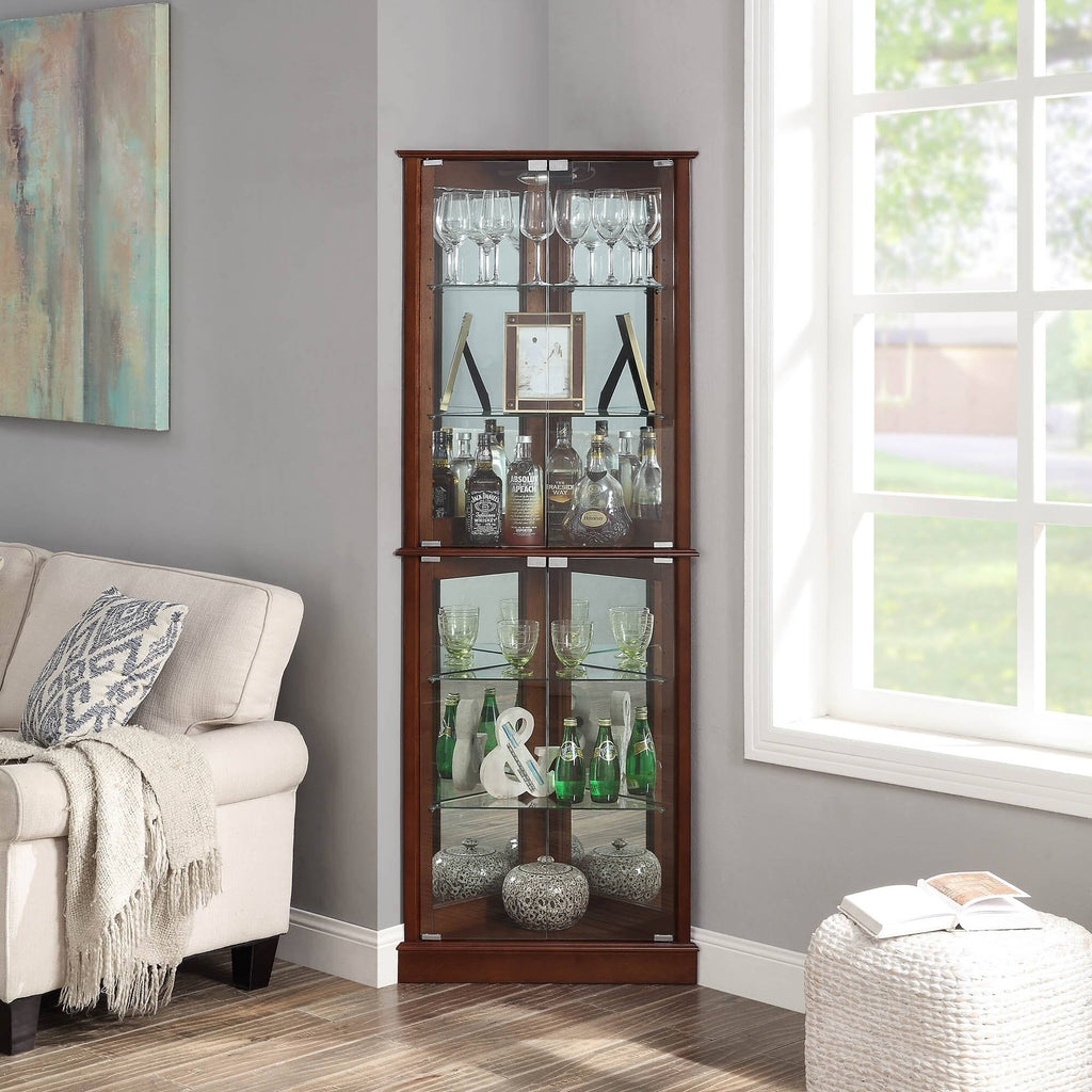 Lighted Corner Curio Cabinet with Tempered Glass Door, 6 Shelves, Walnut E1879