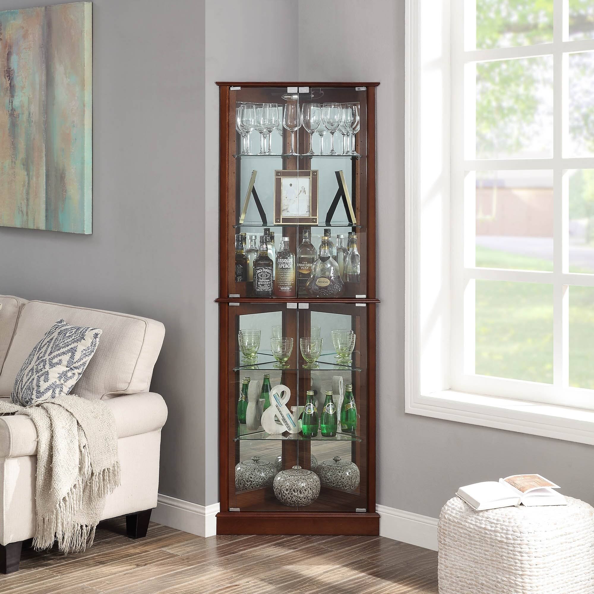 Lighted Corner Curio Cabinet with Tempered Glass Door, 6 Shelves, Walnut E1879