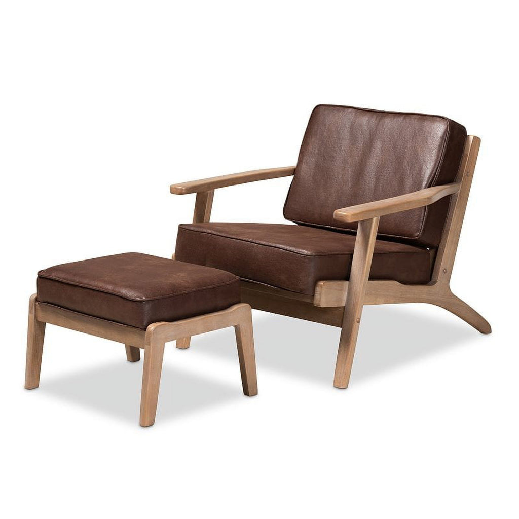 Dark Brown Faux Leather Armchair and Ottoman Set Q468