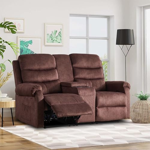 Grey Linen Manual Loveseat Recliner with Storage Console V422363