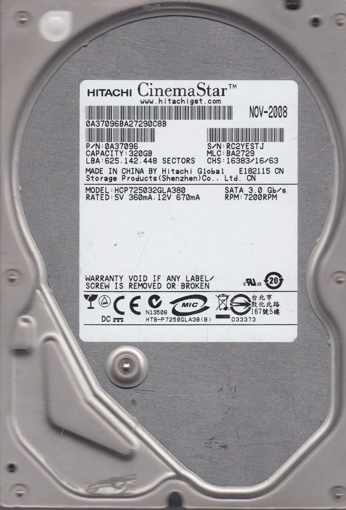 320GB SATA 3.5 Hard Drive A691783