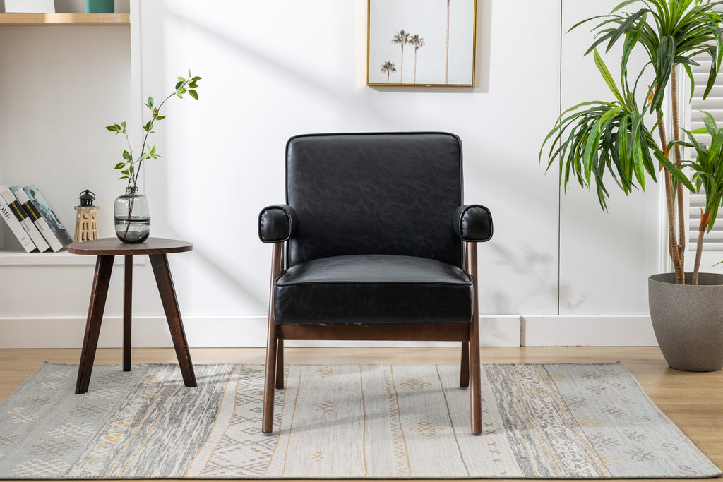Black PU Leisure Chair with Solid Wood Armrest and Feet H84475