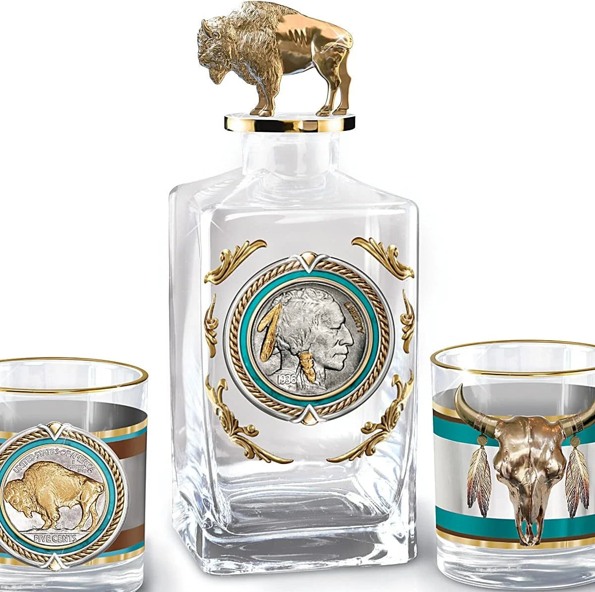 5 Pieces Decanter and Glass Set with 12K Gold Rims I11054