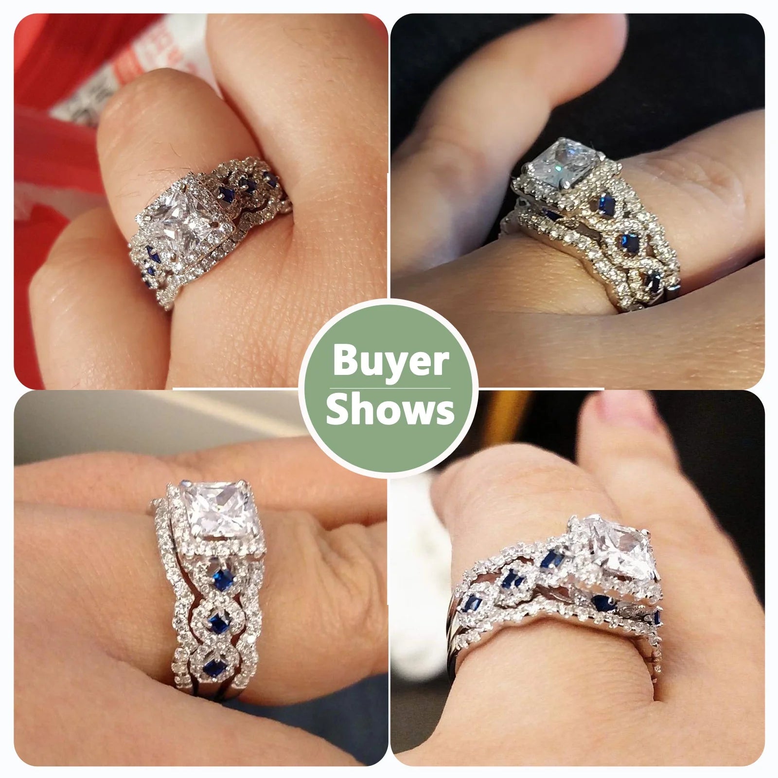 925 Sterling Silver Princess White Cz Blue Engagement Ring Set 3pcs Size 4.5 F110