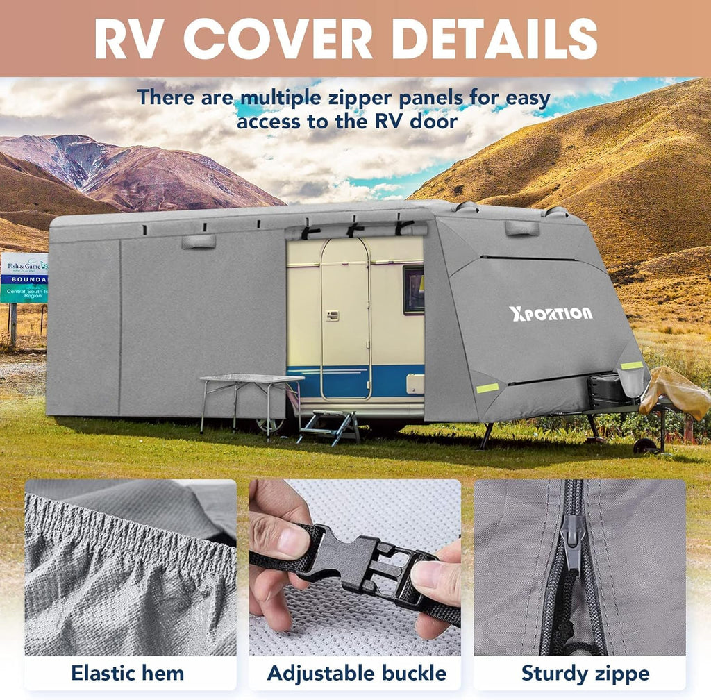 4-Layer Windproof Camper Trailer Cover with Tongue Jack Cover, Tire Covers, Gutter Covers C3166