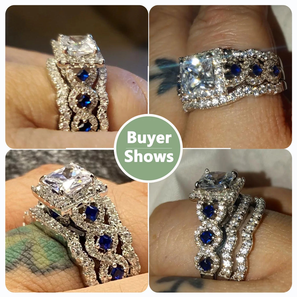 925 Sterling Silver Princess White Cz Blue Engagement Ring Set 3pcs Size 4.5 F110