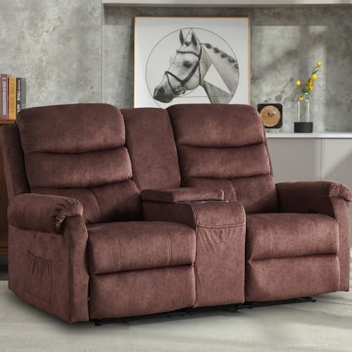 Grey Linen Manual Loveseat Recliner with Storage Console V422363