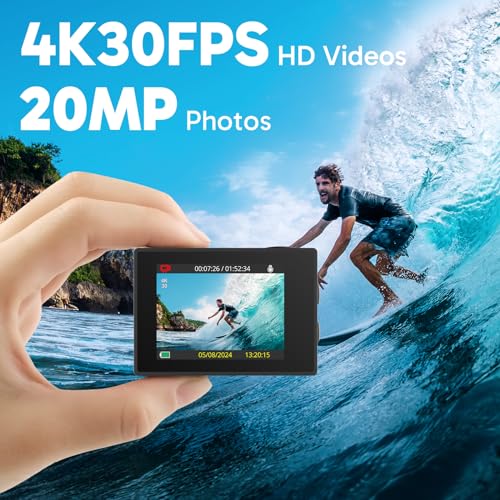 4K30FPS 20MP WiFi Action Camera with EIS Ultra HD Underwater Camera 131FT Waterproof Camera Remote Control 4X Zoom Support External Microphone Silver M42853