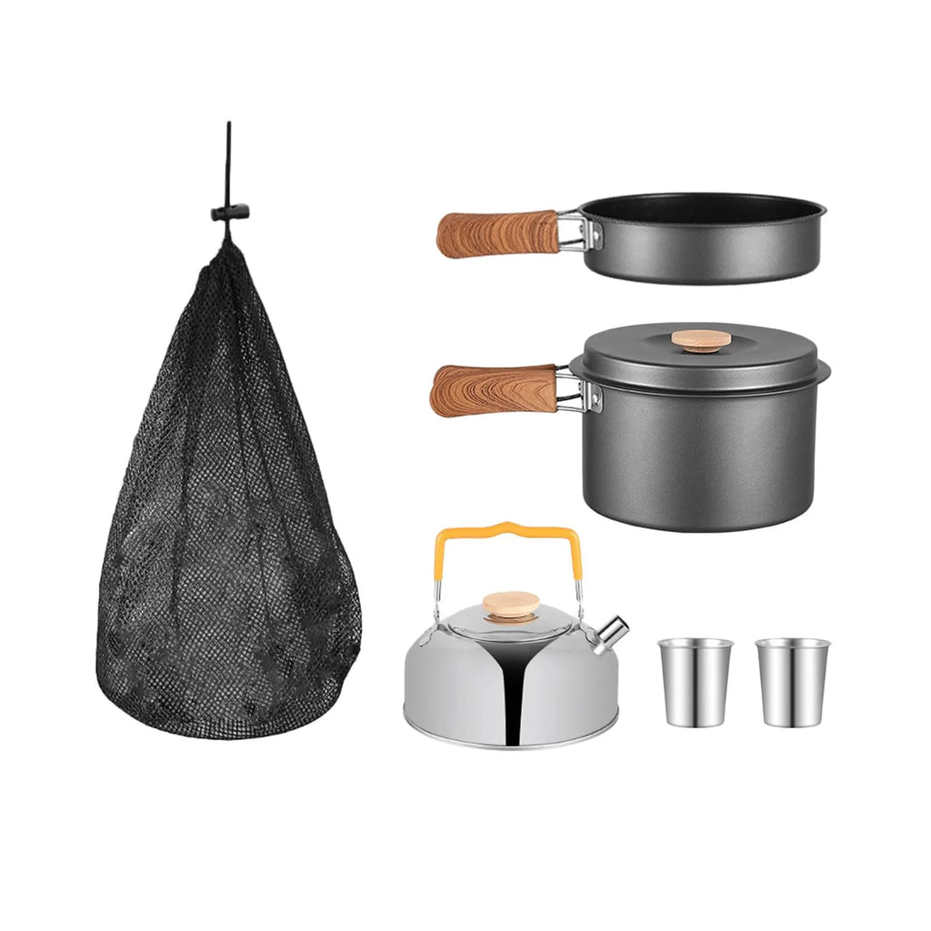 5x Gray Camping Cookware Set with Saucepan Drink Cup Pot Pan Kettle I338036