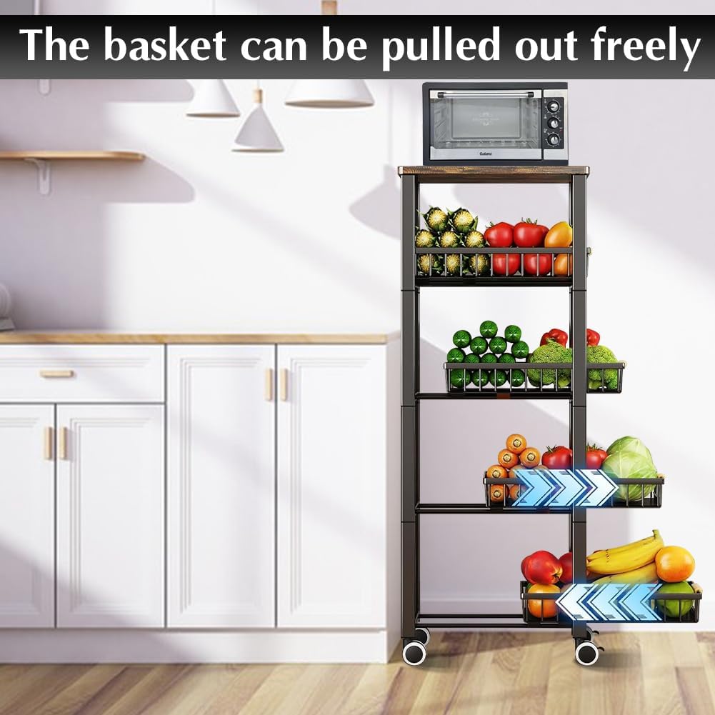 5 Tier Wire Basket with Wood Top and Wheels X580066