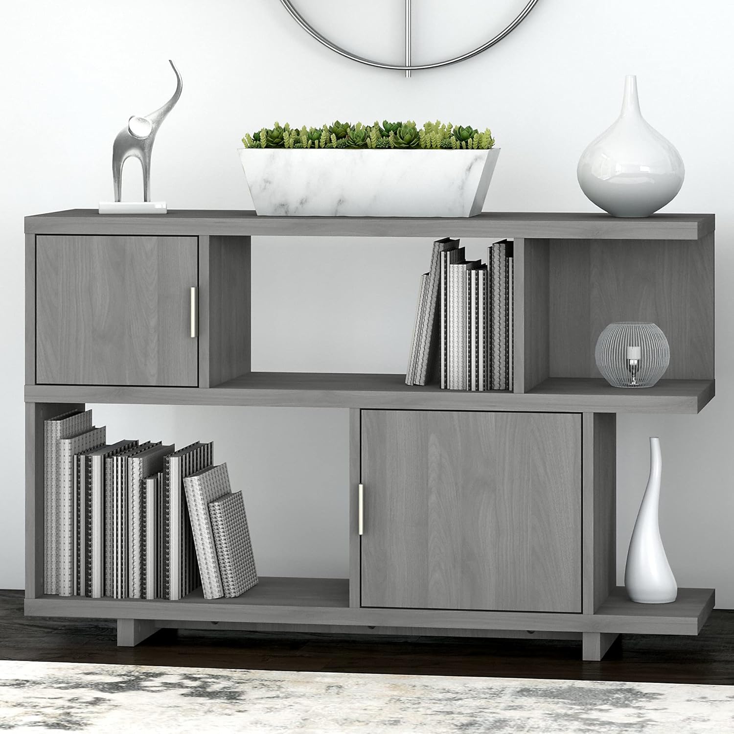 Low Geometric Bookcase with Doors in Modern Gray F8572