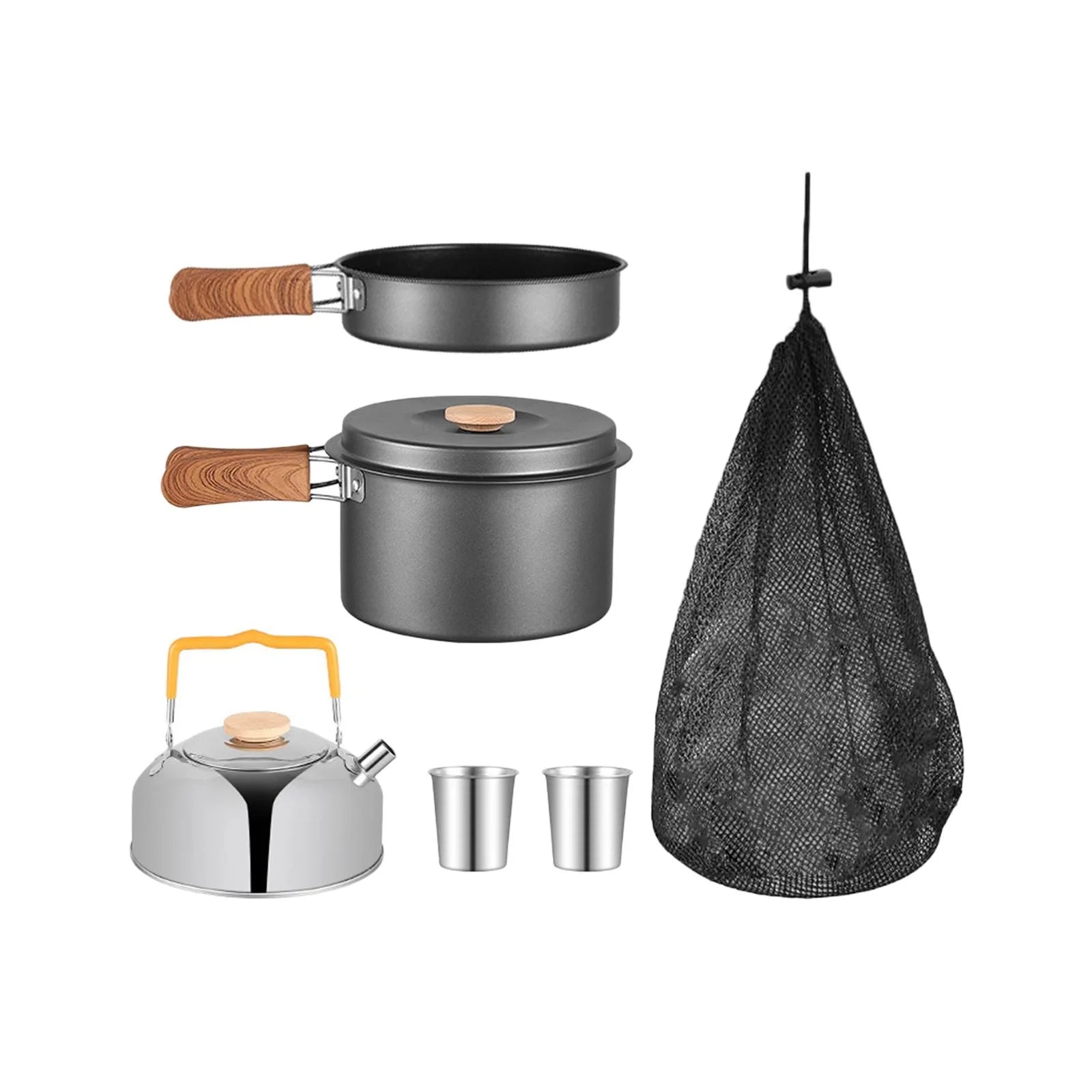 5x Gray Camping Cookware Set with Saucepan Drink Cup Pot Pan Kettle I338036