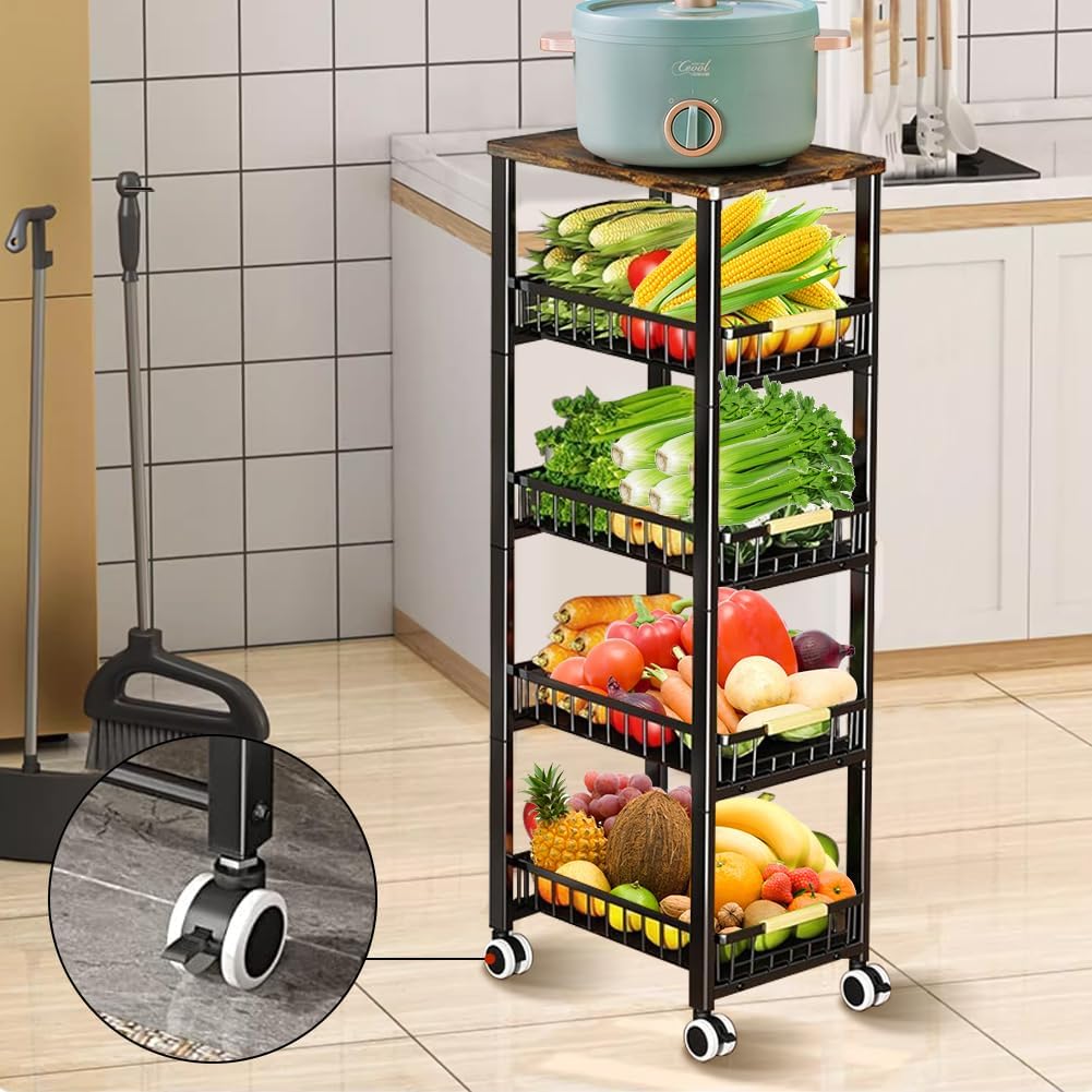 5 Tier Wire Basket with Wood Top and Wheels X580066