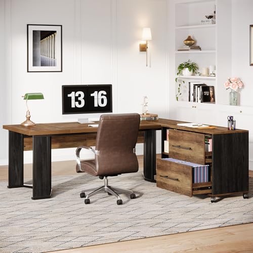 Brown and Black L Shaped Executive Desk with Mobile File Cabinet and 2 Drawers L418
