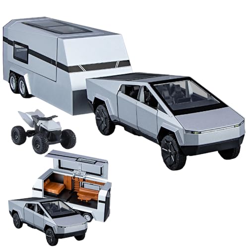 Silver Diecast Pickup Truck Model with Trailer RV and Motorcycle Y53373