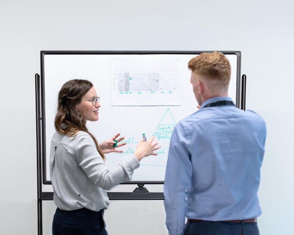 Mobile White Board Double Sided 48 x 32 Inches Adjustable Height Rolling Black Stand M2816