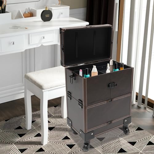 Black Aluminum Cosmetic Organizer Box with Mirror and 4 Wheels R537