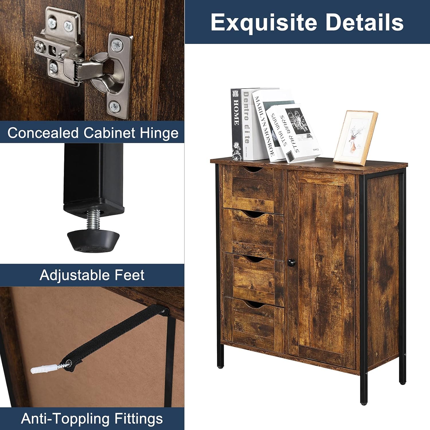 Rustic Brown 4 Drawer 1 Door Wooden Metal Frame Bathroom Floor Cabinet Q57372
