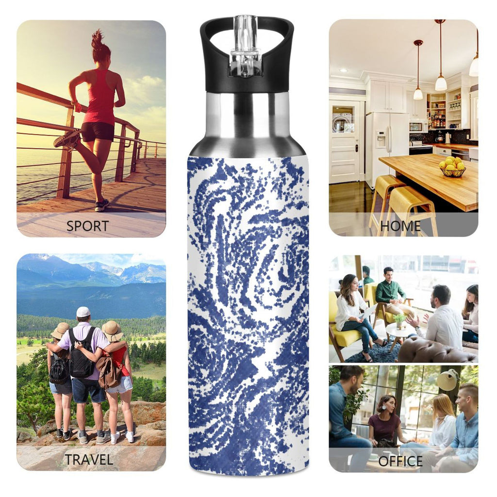 Geometric Tie Dye Blue 20 OZ Vacuum Insulated Stainless Steel Water Bottle with Straw Lid D81371