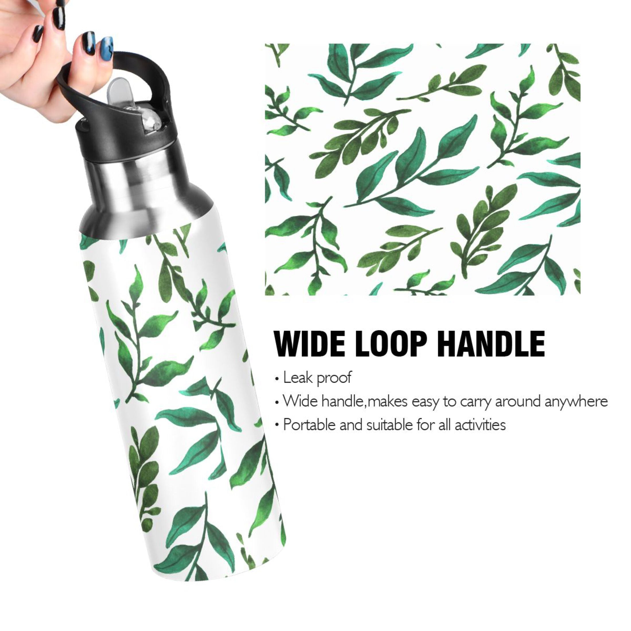 Leaf Green Stainless Steel Insulated Water Bottle with Straw Lid P7089