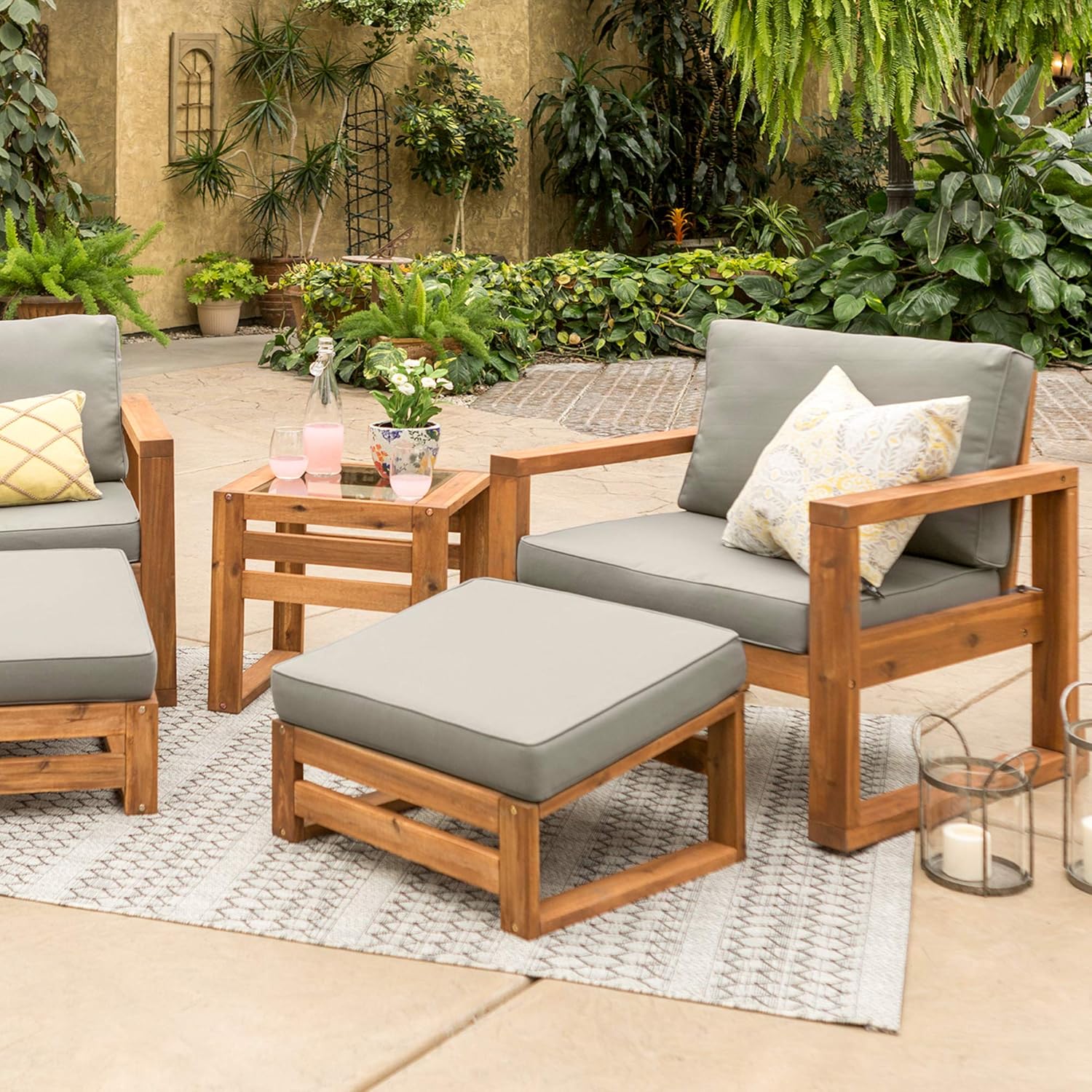 4 Piece Acacia Wood Outdoor Chat Set with Glass Top Coffee Table R358