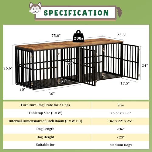 Black 76" Wooden Double Dog Crate with 4 Doors V466