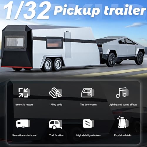 Silver Diecast Pickup Truck Model with Trailer RV and Motorcycle Y53373