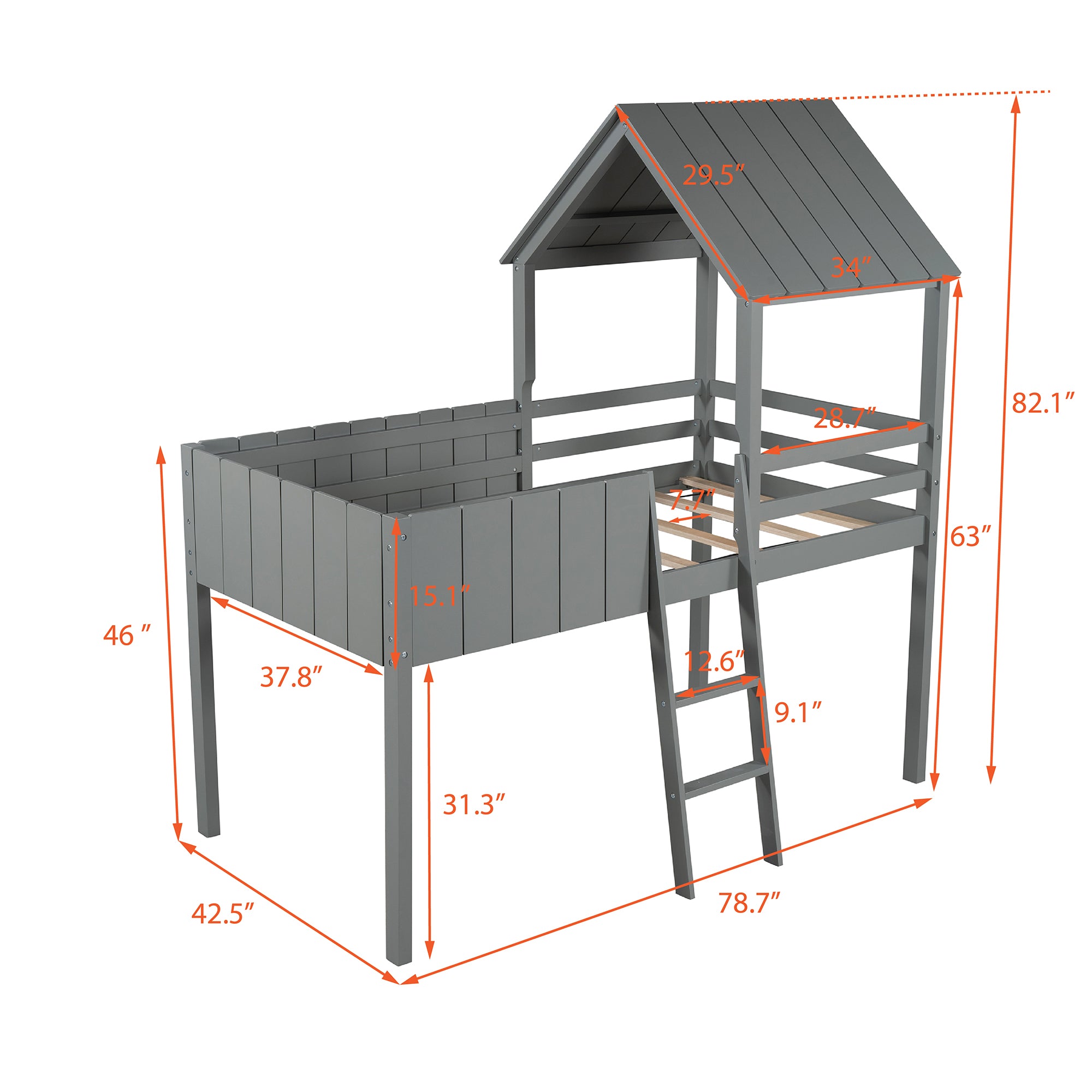 Gray Twin Size Wood Loft Bed with Roof Guardrail Ladder H1926