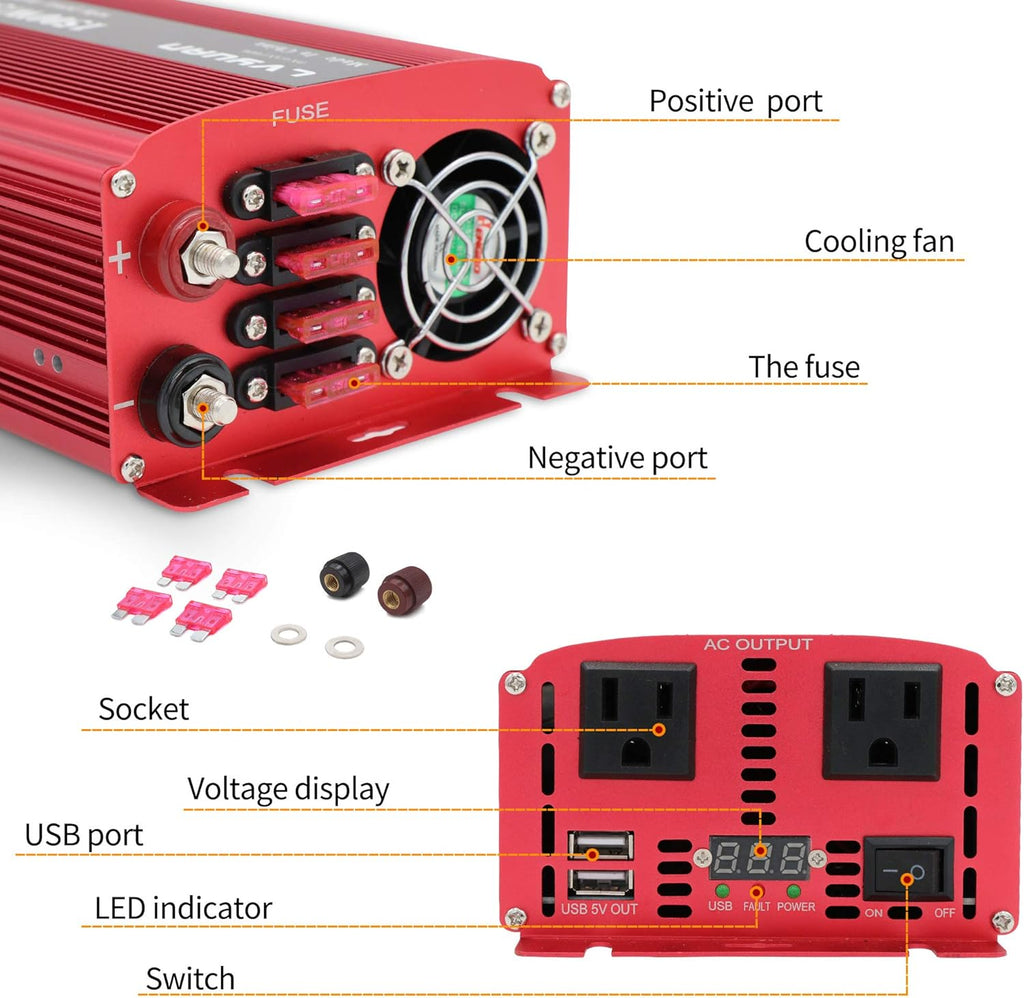 1500W Power Inverter Dual AC Outlets Dual USB DC 24V to 110V AC Car Inverter with Digital Display G22120