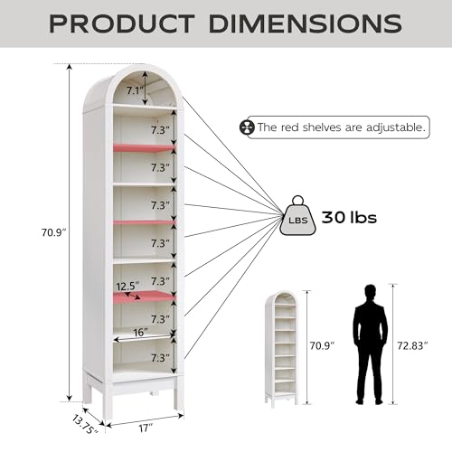Natural 7 Tier Arched Bookshelf with Adjustable Shelves S884