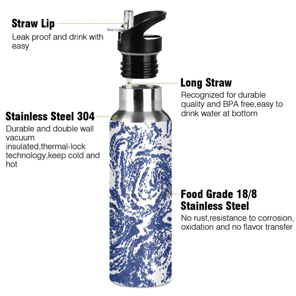 Geometric Tie Dye Blue 20 OZ Vacuum Insulated Stainless Steel Water Bottle with Straw Lid D81371