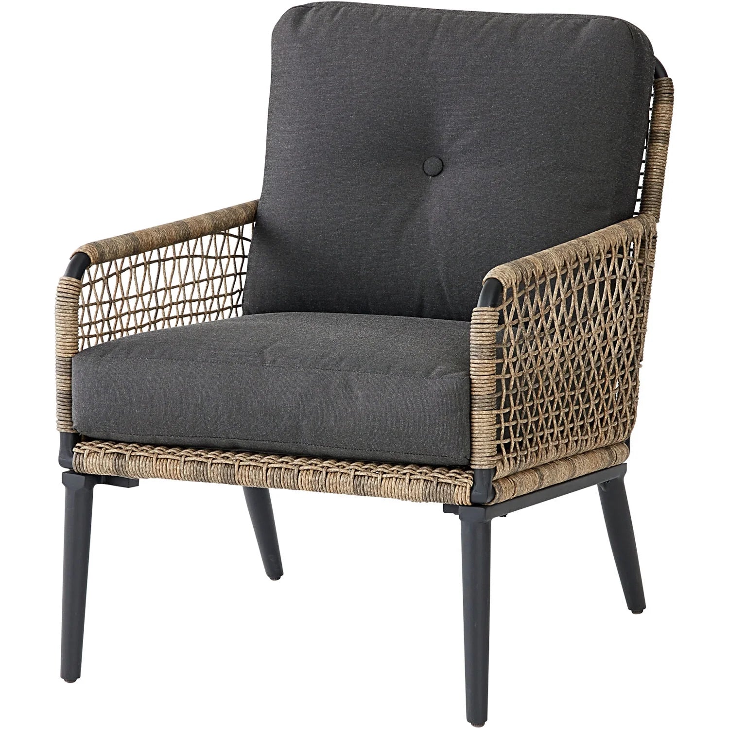 6-Piece Modern Outdoor Chat Set with Open Weave Wicker Sofa, 2 Side Chairs, 2 Ottomans, and Glass Top Coffee Table with Charcoal Plush Cushions Y106