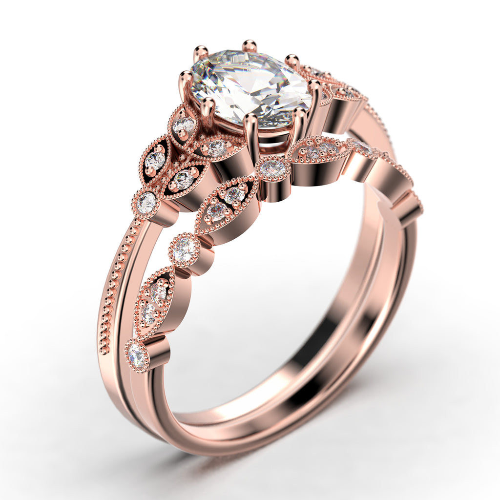 Oval Cut Diamond Moissanite Engagement Ring Set in 10k Solid Rose Gold C414790