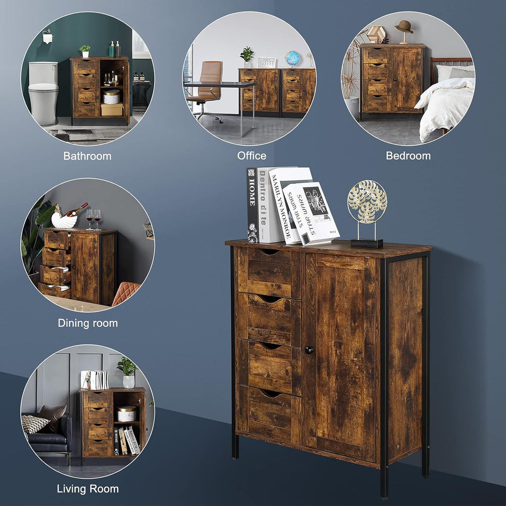 Rustic Brown 4 Drawer 1 Door Wooden Metal Frame Bathroom Floor Cabinet Q57372